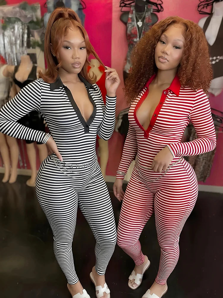 Stripes Print Jumpsuit Women Lapel Full Sleeve Skinny v-Neck Elasticity Autumn Fashion Classic Midnight Streetwear