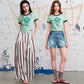 Women's Rose Print Cropped Ringer T-Shirt Color-Block Trim Baby Tee Short Sleeve Casual Fit Top