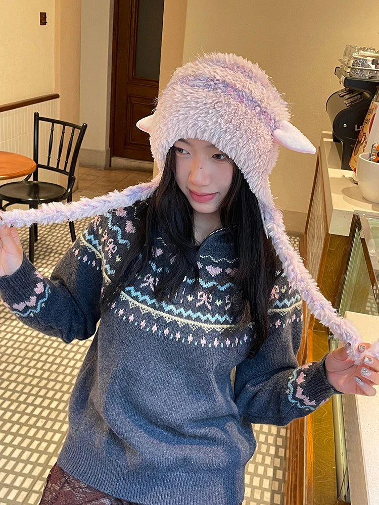 Y2K Sweet Macaron Goat Ear Pom Pom Beanie For Women