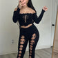 Sexy Women Thick 2 Piece Set Rhinestones Straight Collar Hollow Crop Tops+Leggings Midnight Stretch Clubwear Outfits