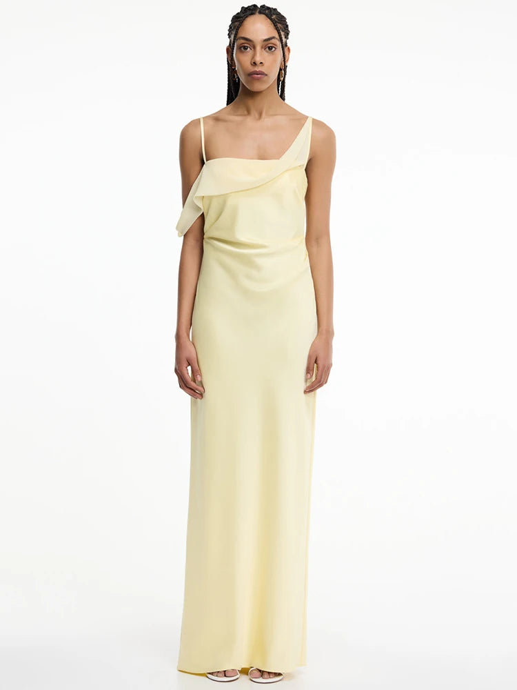 Women Satin Maxi Dress Elegant Spaghetti Strap Evening Party Gown Elegant Draped Formal Wedding Guest Long Dress