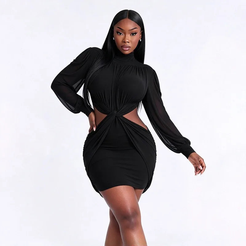 Mesh Sheer Long Sleeve Cut Out Mini Dress Woman Clothing Elegant Sexy Autumn Winter Dresses 2026