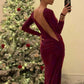 Christmas Folds Backless Maxi Dress Women Side High Slit Full Sleeve Solid Skinny Elegant Prom Party Simple Vestidos