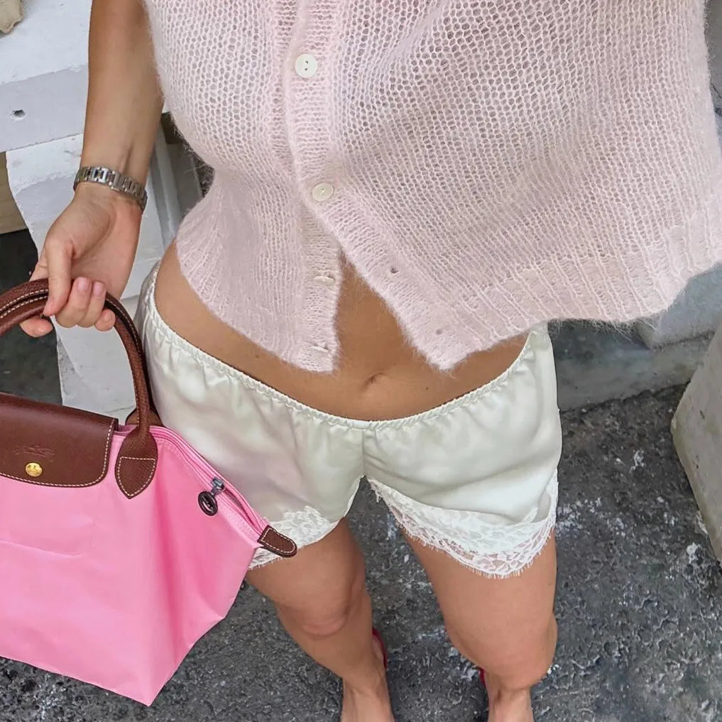 Women’s Summer Satin Silk Shorts Fashion Elastic Waist Lace Hem Wide Leg Lounge Shorts Coquette Going Out Pants