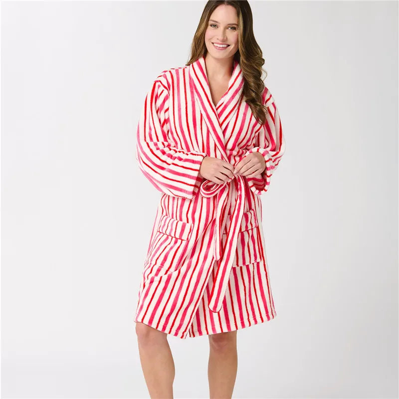 Women Christmas Shawl Robe Plush Bathrobe with Pockets Knee Length Nightgown Sleepwear Xmas Robes Loungewear