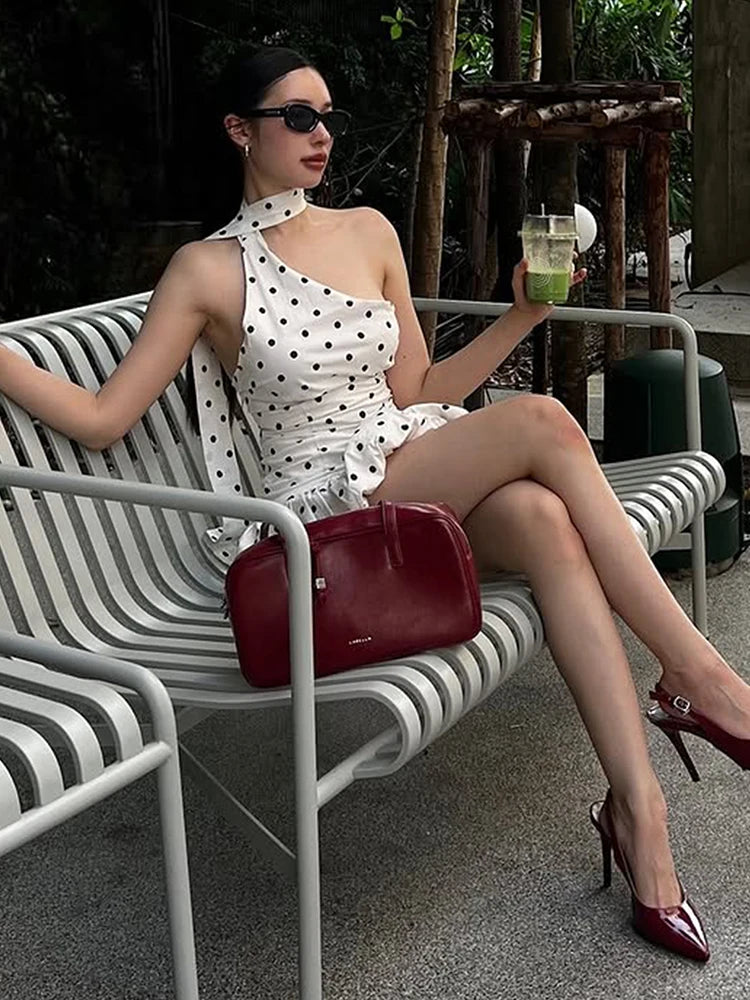 Polka Dot Print Dress Women Slanted Shoulder Scarf Folds Puffy Hem Summer Fashion Elegant Street Skinny Mini Bodycon