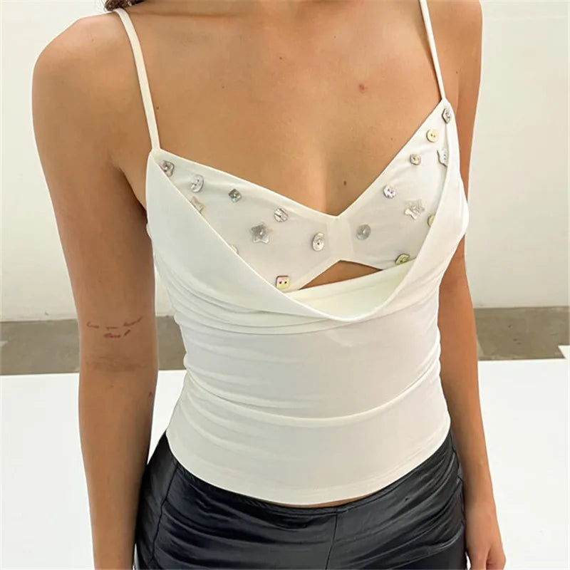 Shell Beads Embellished Cami Top Women Spaghetti Strap Cowl Neck Keyhole Cutout Slim Fit Y2K Camisole for Daily Wear