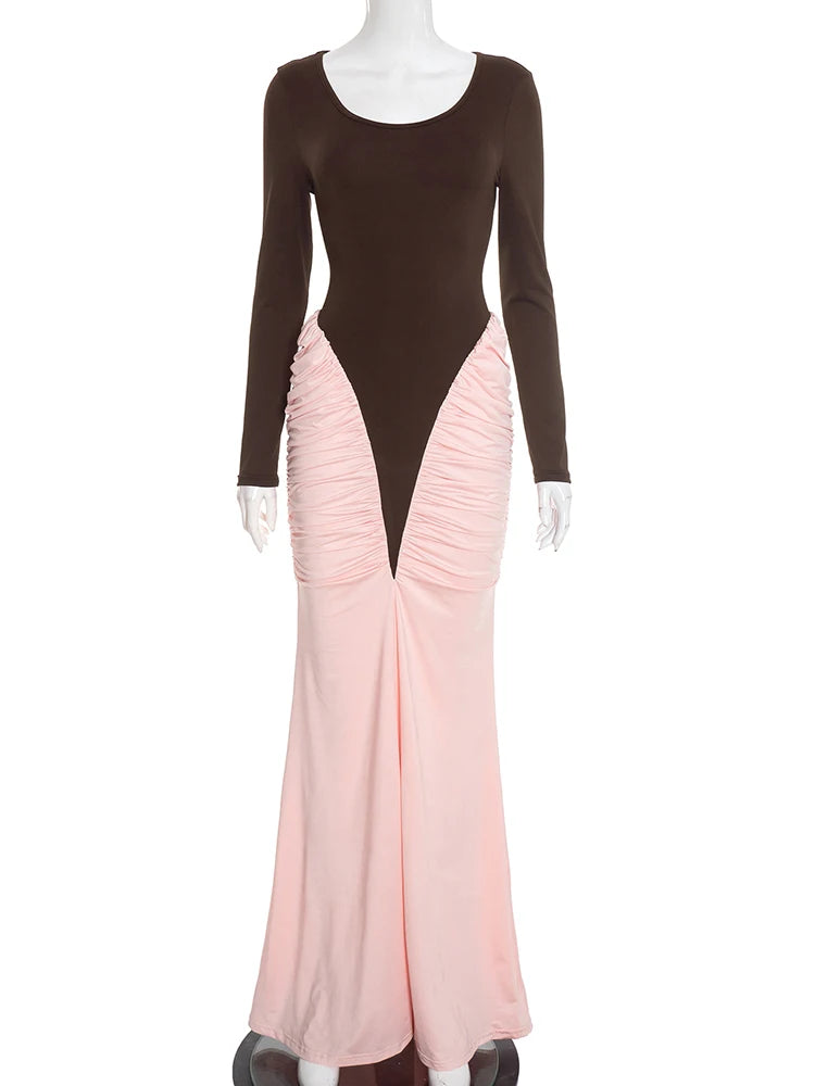 Peach Hip Dress Women Elegant Patchwork Pleat O-Neck Full Sleeve Autumn Trend Classic Sexy Stretch Skinny Maxi Bodycon