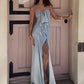 Elegant Satin Dress Women Sexy Ribbon Patchwork Ruched Split Hem Sleeveless Fashion Simple Evening Party Club Bodycon