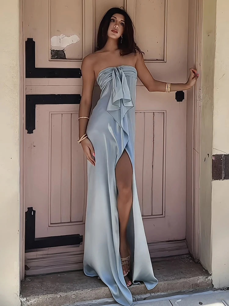 Elegant Satin Dress Women Sexy Ribbon Patchwork Ruched Split Hem Sleeveless Fashion Simple Evening Party Club Bodycon