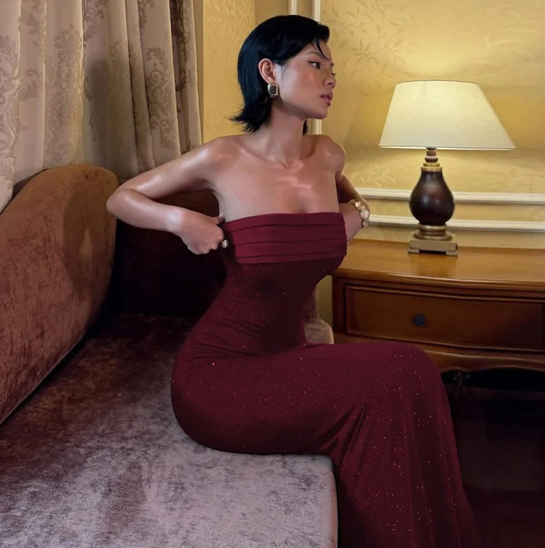 Glitter Burgundy Strapless Maxi Dress Elegant Evening Gown Sexy Birthday Mermaid Dresses Luxury 2026