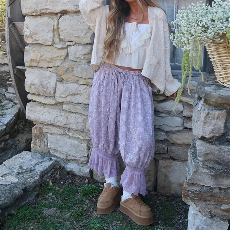 Summer Vacation Floral Baggy Capri Joggers Sheer Lace Hem Elastic Waist Loose Beach Casual Pants Two Tone Floral Print