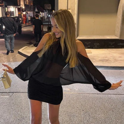 Long Sleeve Cold Shoulder Sheer Mesh Mini Dress Club Wear Party Outfit Black Dresses Woman Sexy Clothing