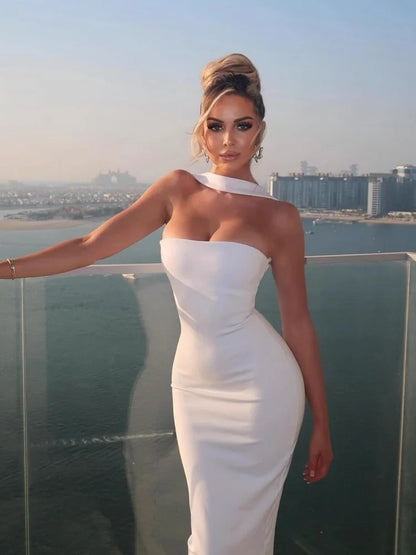 Halter Backless Split Long Dresses French Style Elegant Beautiful Ladies Dress White Black Red