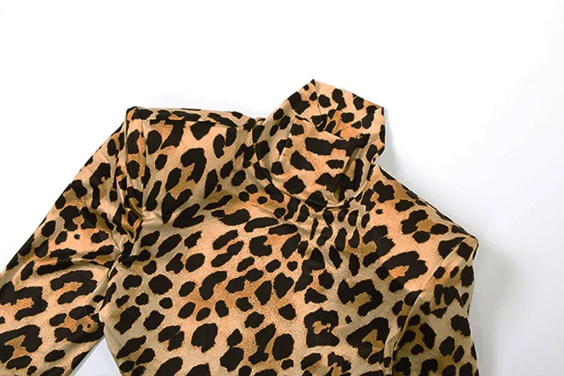 Sexy Leopard Evening Party Dresses Winter Clothes Woman Turtleneck Hollow Backless Long Sleeve Maxi Dress