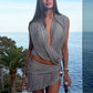 Sexy Fashion 2 Piece Set Woman Ruched Swing Collar Backless Crop Tops+Beads Decoration Mini Skirts Elegant Outfits