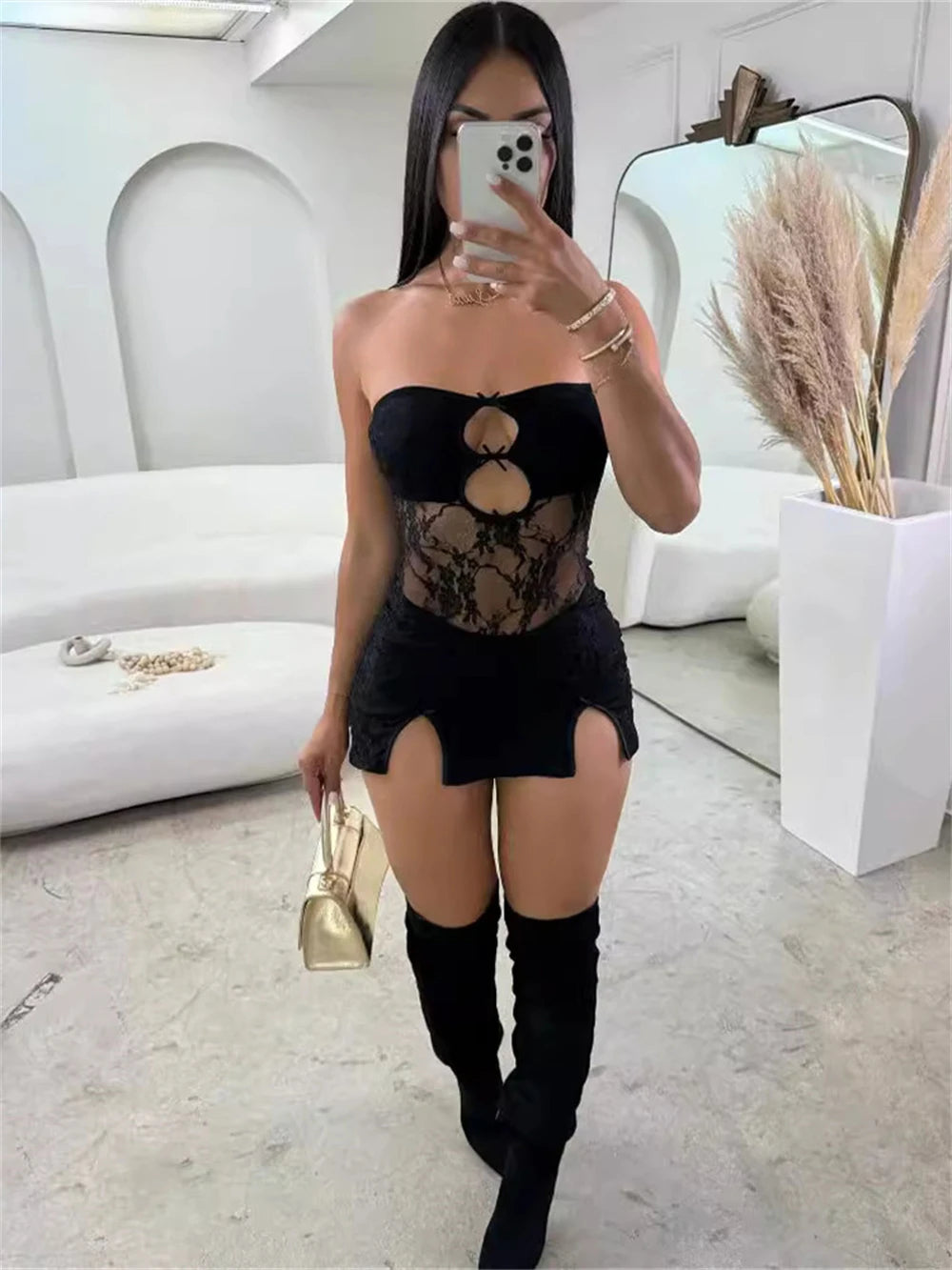 Sexy Jacquard Dress Women Hollow Bow Summer Strapless Split Hem Midnight Tight Birthday Party Clubwear Mini Bodycon