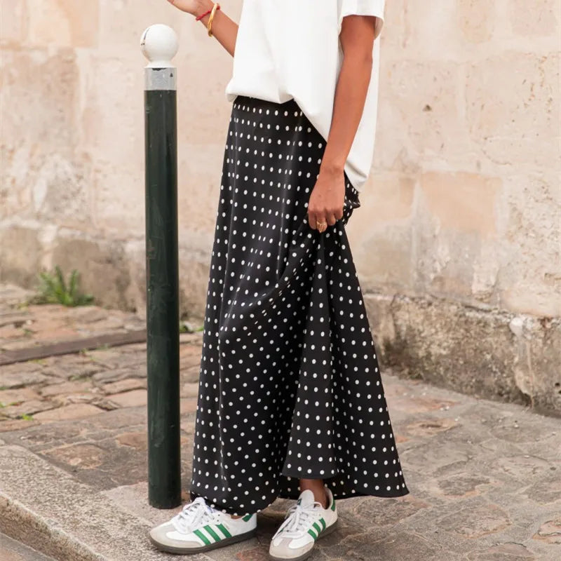 Women Polka Dot Maxi Skirt Elegant Ladies Bodycon A Line Flare Long Skirts Cute Print Flowy Maxi Satin Skirt Dress