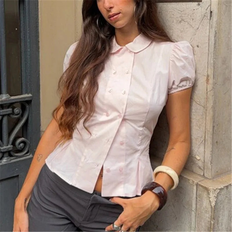 Women Elegant Peter Pan Collar Shirt Puff Short Sleeve Double Breasted Blouse Slim Peplum Hem Casual Office Ladies Tops