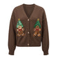 Womens Christmas Cropped Knit Cardigan V Neck Sequin Gingerbread Man Xmas Tree Patch Lantern Sleeve Button Down Sweater