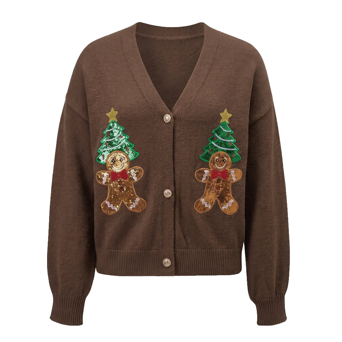 Womens Christmas Cropped Knit Cardigan V Neck Sequin Gingerbread Man Xmas Tree Patch Lantern Sleeve Button Down Sweater