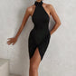 Irregular Hem Dress Women Halter Backless Sleeveless Folds Sexy Solid High Elasticity Party Fashion Street Mini Bodycon