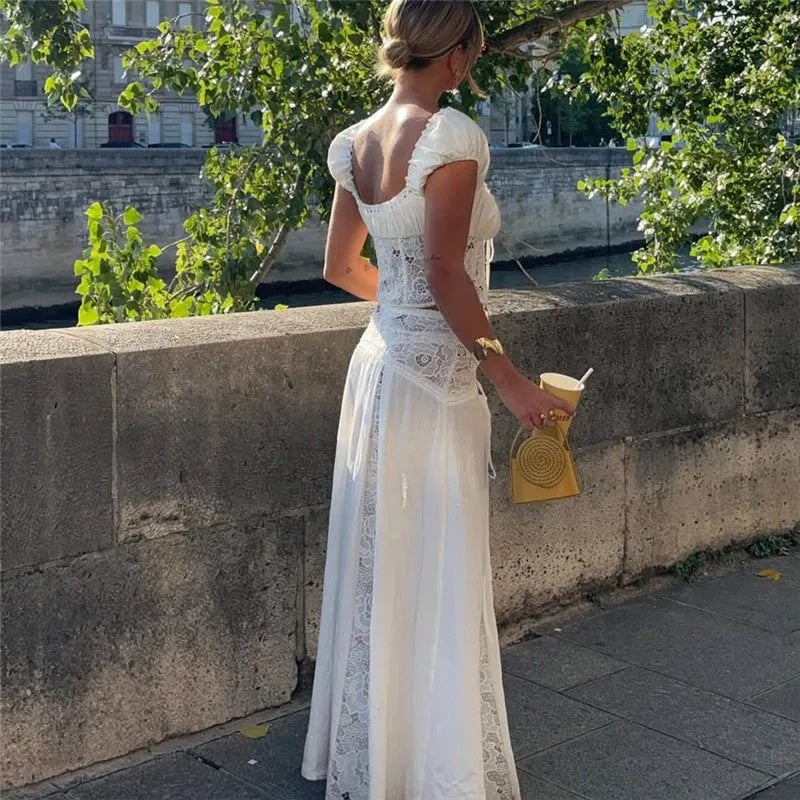 Women Y2K 2 Piece Set White Lace Patchwork Off Shoulder Short Sleeve Crop Top With Long Skirt Summer Vacation Streetwear