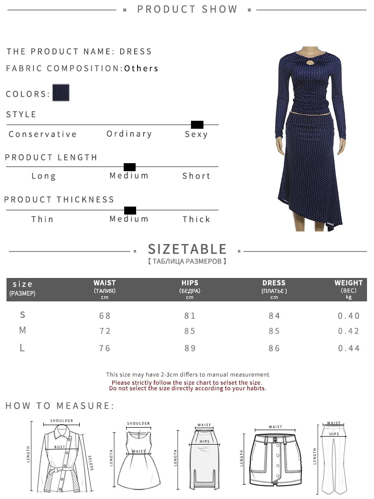 Casual Elegant 2 Piece Set Woman Polka Dot Print o-Neck Hollow Full Sleeve T-Shirts+Elastic Waist Long Skirts Suits