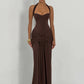 Halter Backless Sexy Maxi Dress Women Elegant Sleeveless Ruched Waist Draped Bodycon Club Party Evening Cocktail Dress