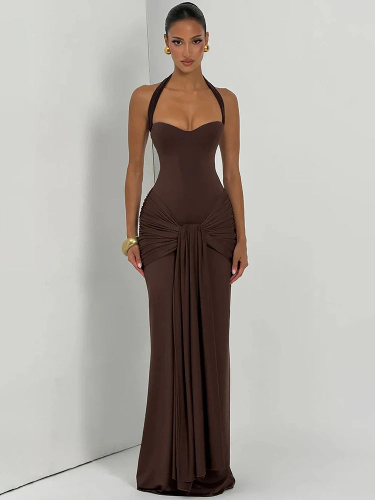 Halter Backless Sexy Maxi Dress Women Elegant Sleeveless Ruched Waist Draped Bodycon Club Party Evening Cocktail Dress