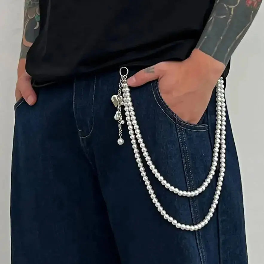 Exquisite Baroque Imitation Pearl Wallet Belt Chain Keychain Men Women Fashion HipHop Heart Pendant Jeans Chain Jewelry