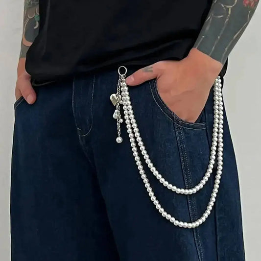 Exquisite Baroque Imitation Pearl Wallet Belt Chain Keychain Men Women Fashion HipHop Heart Pendant Jeans Chain Jewelry
