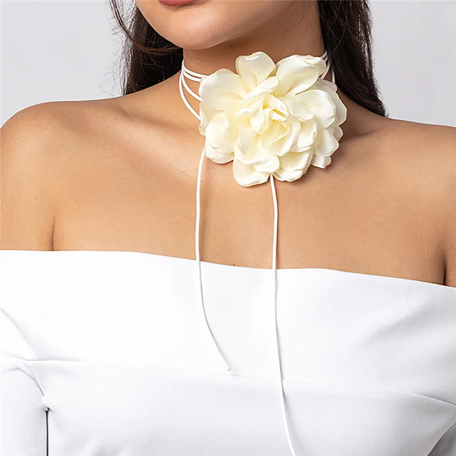 Exaggerated Big Rose Flower Choker Necklace for Women Wed Bridal Goth Kpop Adjustable Bowknot Chain Y2K Accessories New
