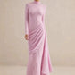 Women High Neck Long Sleeve Lace Sexy Maxi Dress Satin Drape Side Split Formal Evening Party Gown Wedding Guest Dress