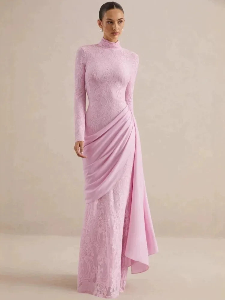 Women High Neck Long Sleeve Lace Sexy Maxi Dress Satin Drape Side Split Formal Evening Party Gown Wedding Guest Dress