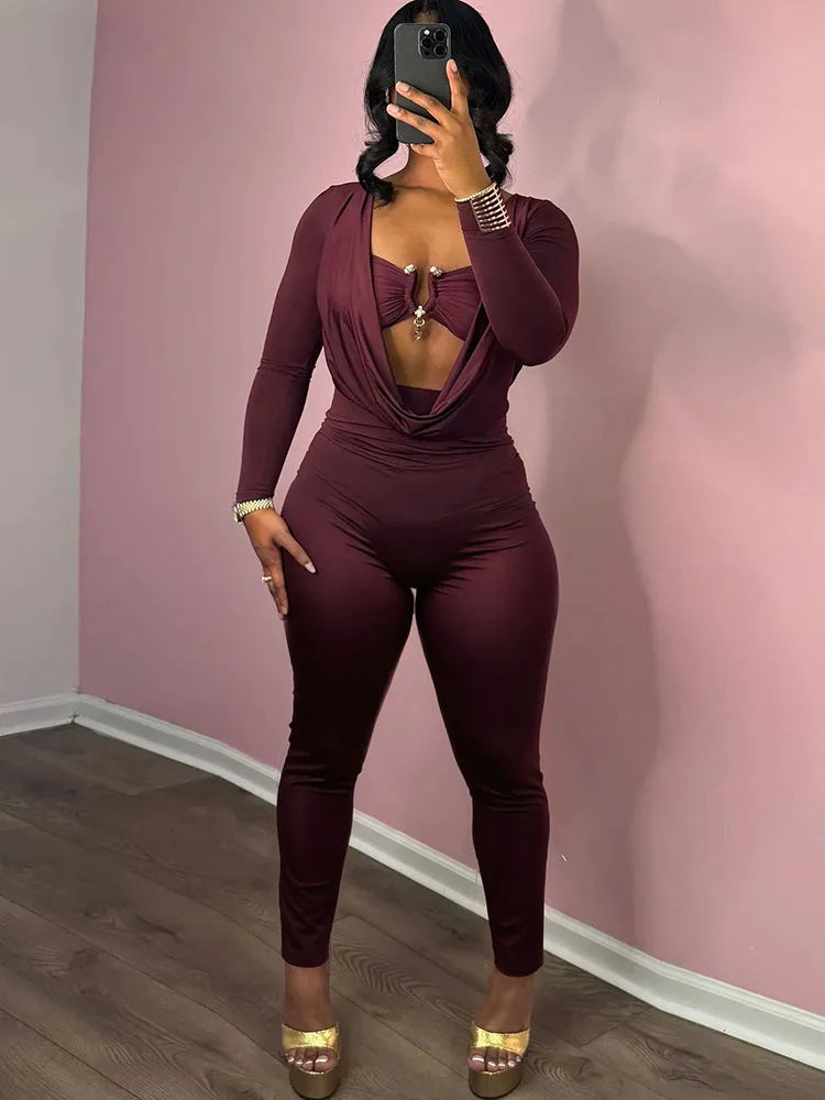 Sexy Fashion Jumpsuits Women Metal Decoration Swing Collar Full Sleeve Skinny Peach Hip Midnight Club Party Overalls