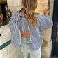 Womens Striped High Neck Blouse Puff Sleeve Open Back Bow Tie Shirt Loose Fit Vintage French Holiday Casual Tops