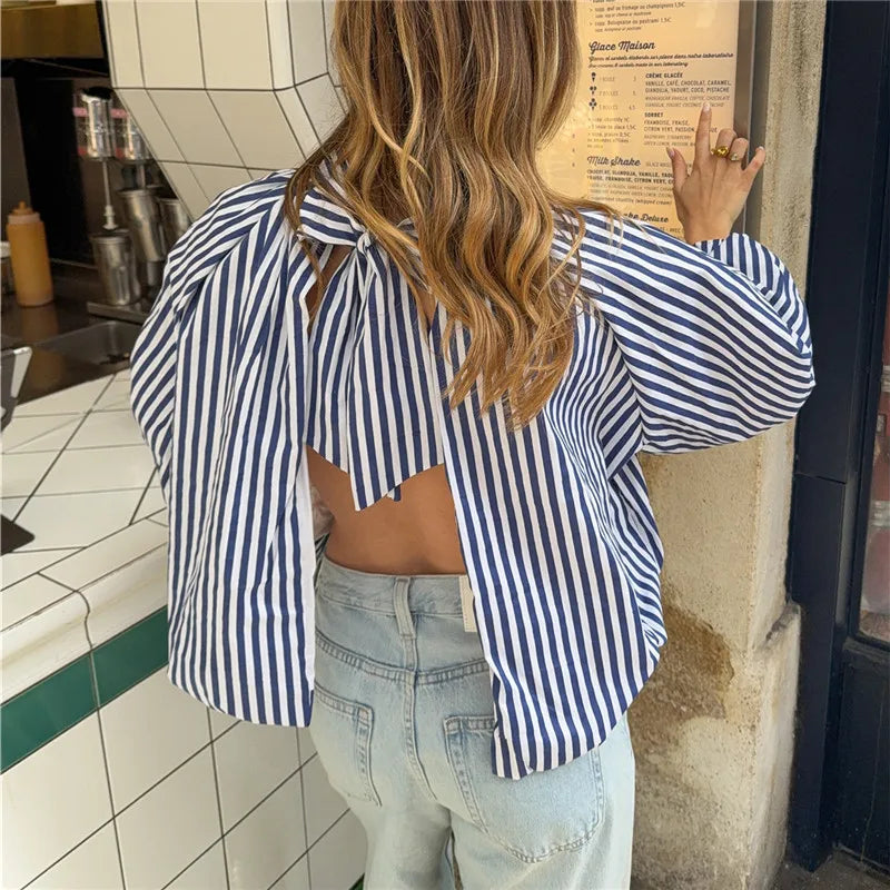 Womens Striped High Neck Blouse Puff Sleeve Open Back Bow Tie Shirt Loose Fit Vintage French Holiday Casual Tops