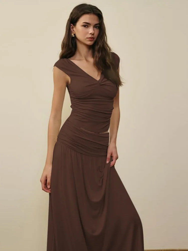 2 Piece Sets Woman Brunch Outfit Twisted V Neck Crop Top and Pleated Long Skirt Matching Sets