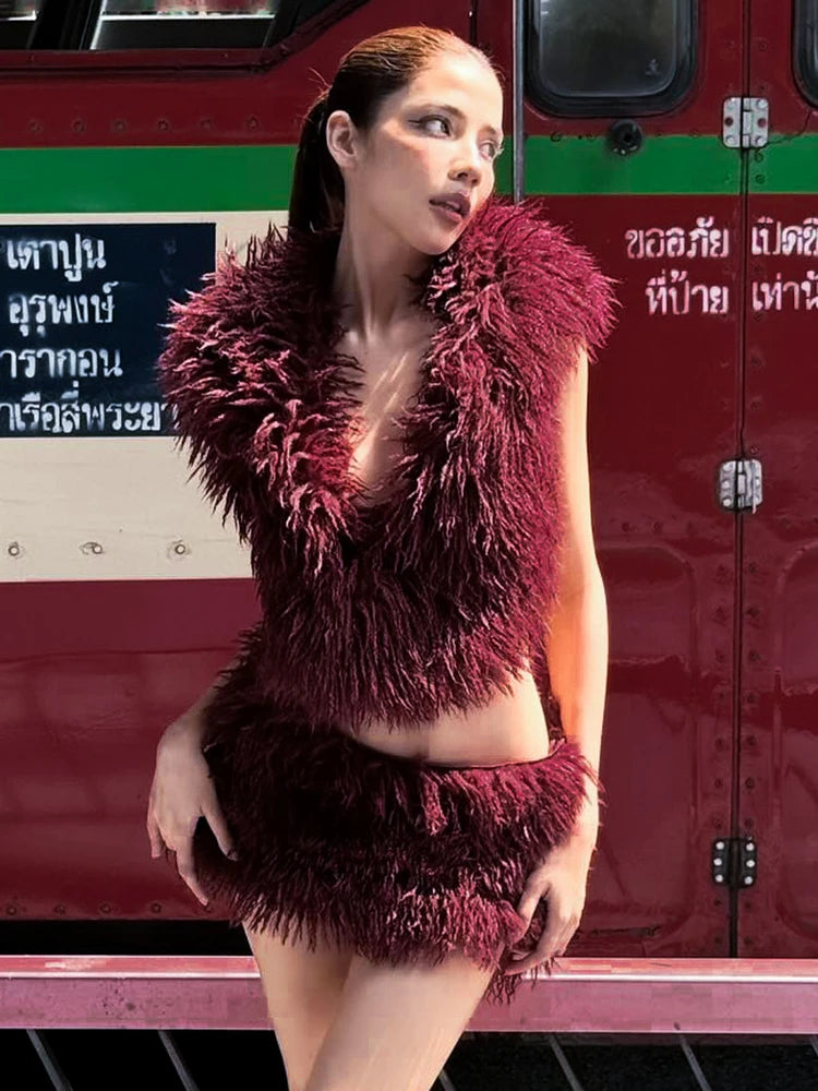 Hooded Furry 2 Piece Set Women Sexy U-Neck Backless Bandage Tank Tops+Tight Mini Skirt Chic Midnight Party Clubwear