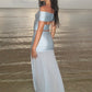2 Pieces Set for Woman Vacation Outfits Satin Mesh Patchwork Long Skirt and Off Shoulder Backless Crop Top