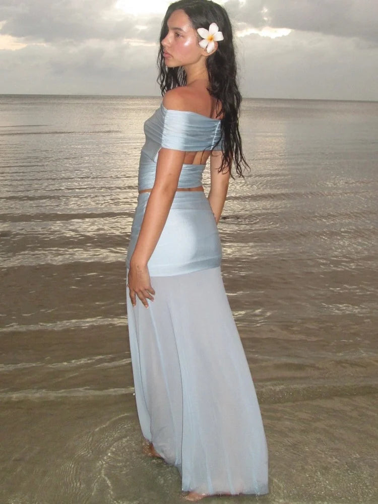 2 Pieces Set for Woman Vacation Outfits Satin Mesh Patchwork Long Skirt and Off Shoulder Backless Crop Top