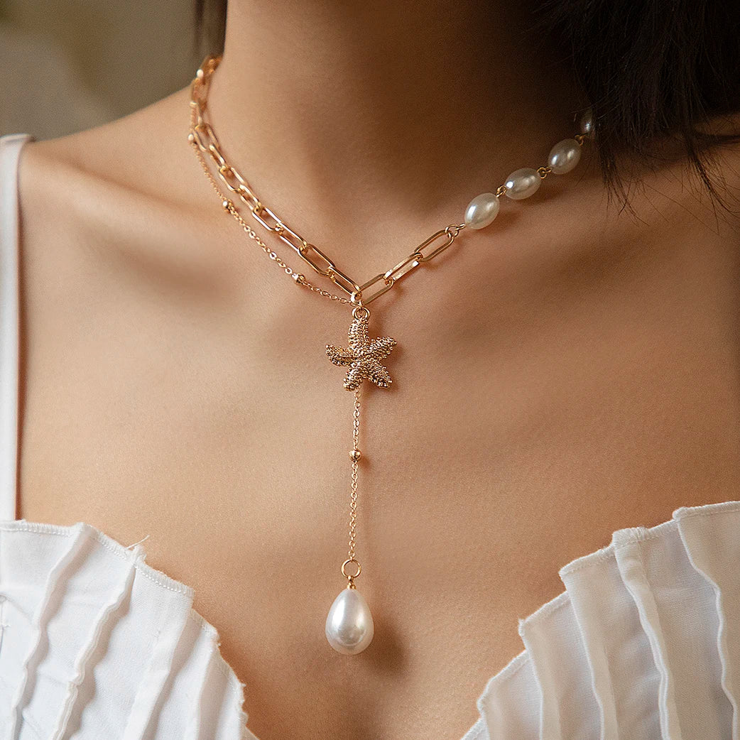 Vintage Imitation-Pearl Heart OT Buckle Pendant Necklace Women Wedding Bridal Bead Chain Neck Accessories Jewelry New