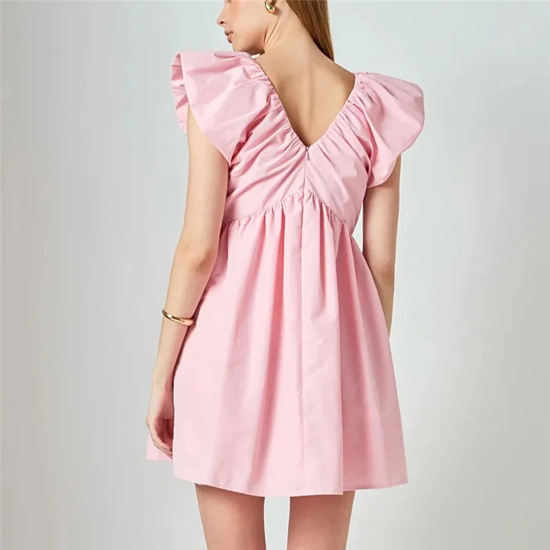 Women's Mini Dress Casual A Line Stylish Decorative Bow V Neck Flying Sleeve Dress for Spring Summer Sweet Girl Sundress
