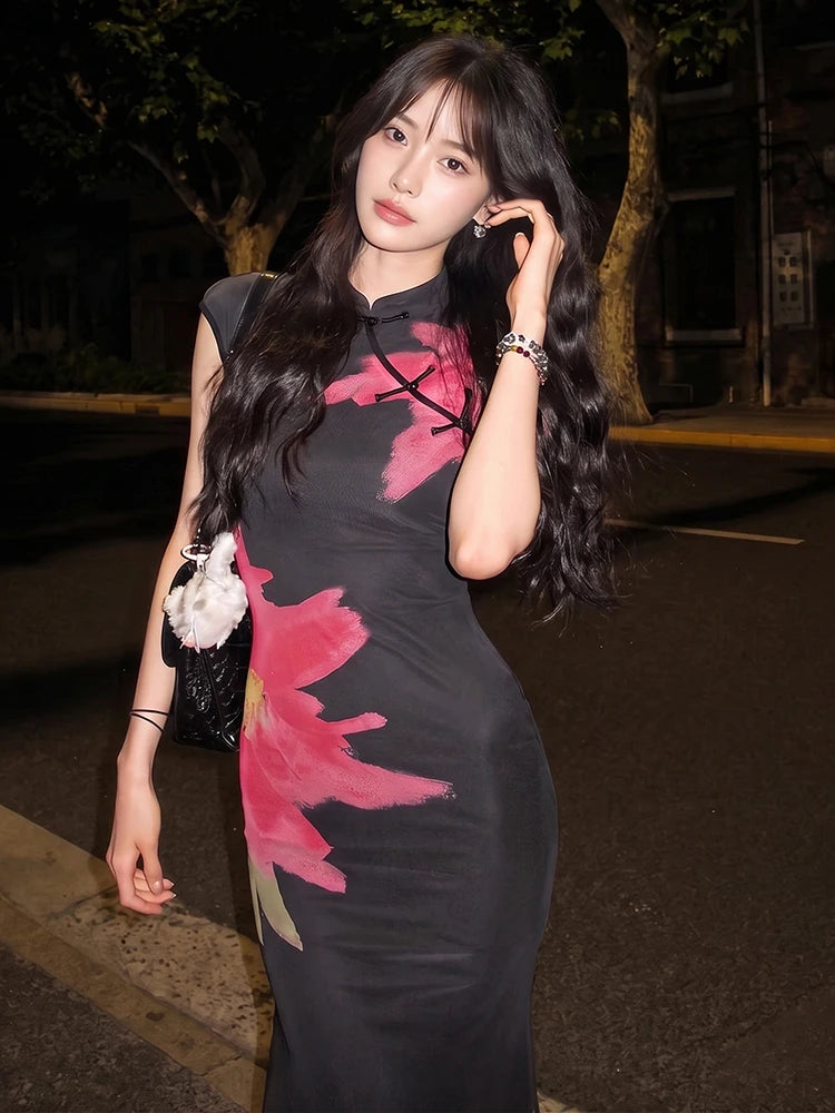 Short Sleeve Skinny Button Flower Print Women Stand-Up Collar Elegant Chinese Style Summer Trend Daily Classic Vestidos