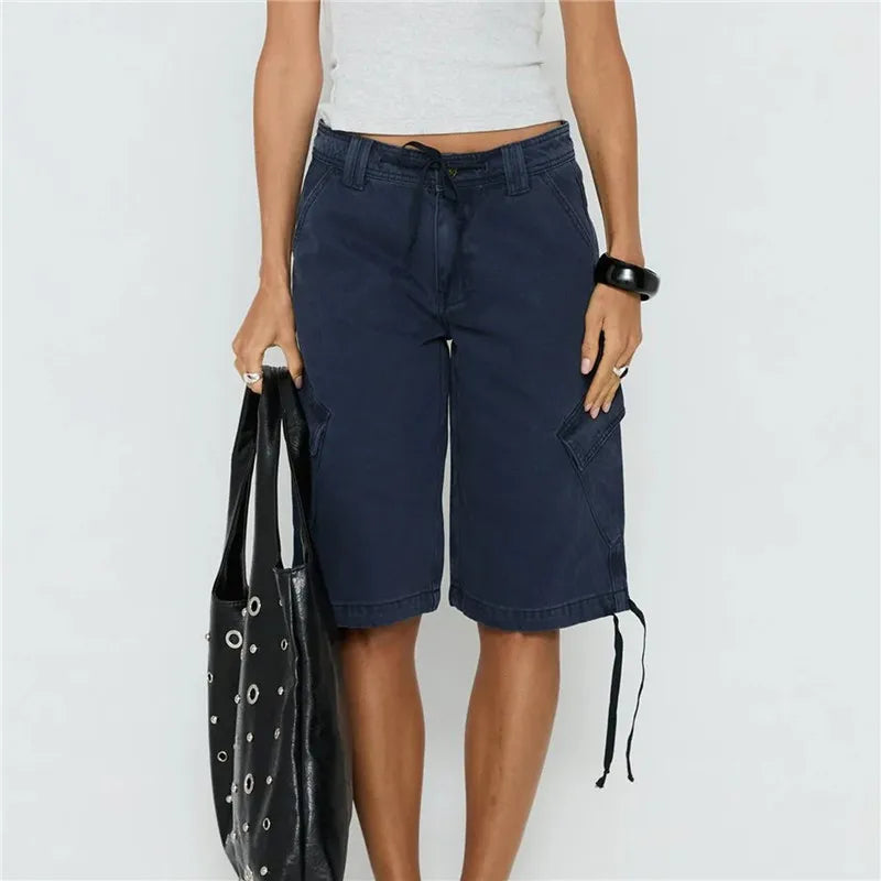 Women's Y2K Low Waist Cargo Bermuda Shorts Drawstring Tie Hem Knee Length Pants with Pockets Casual Loose Fit Streetwear