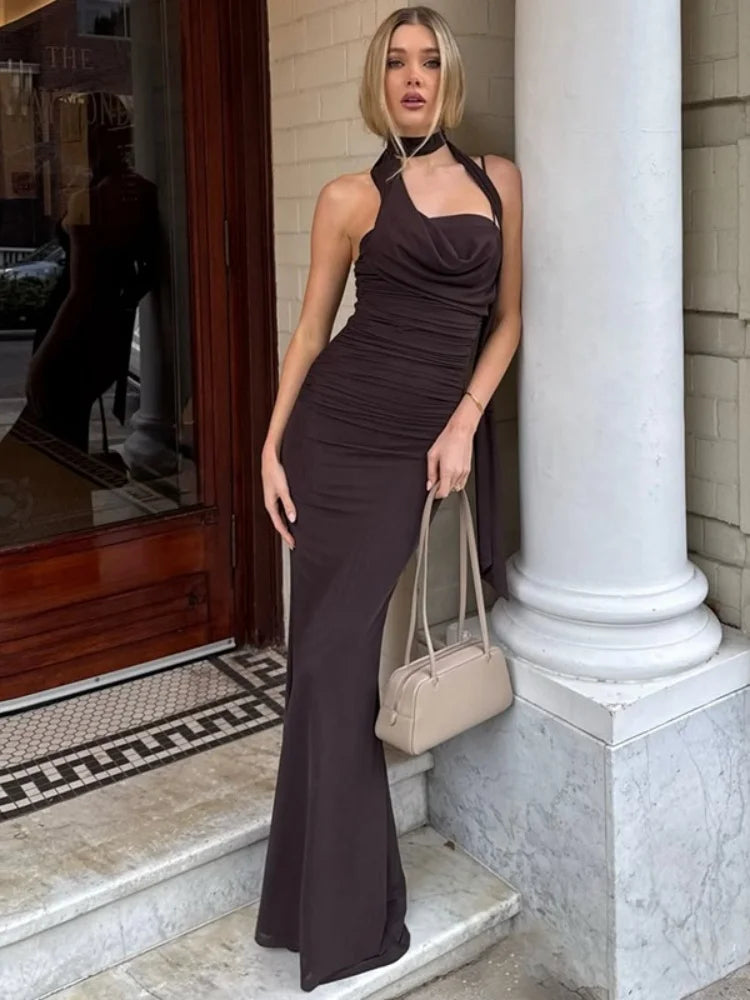 Halter Backless Long Maxi Dresses for Elegant Woman Brown Mesh Party Dress
