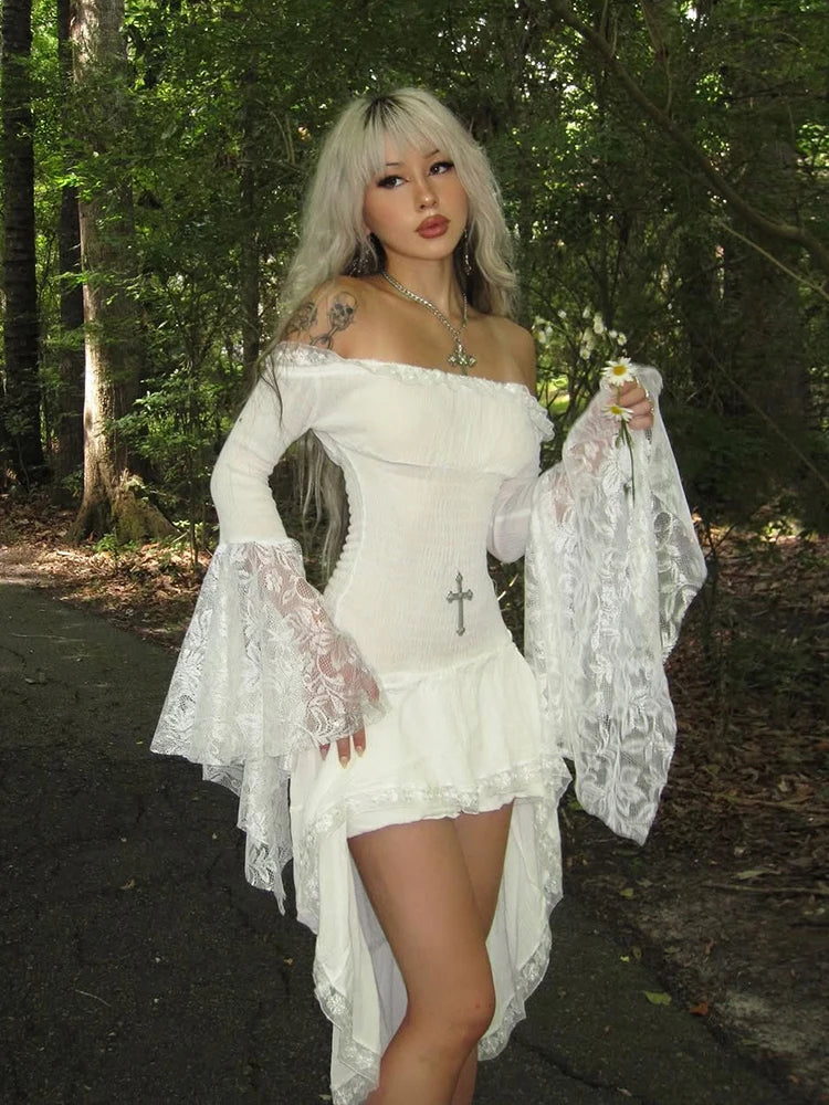 Lace Irregular Patchwork Dress Women Slash Neck Jacquard Flare Sleeve Sexy Birthday Halloween Stretch Skinny Bodycon