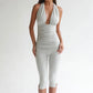 Women's Y2K Sexy Halter Neck Backless Deep V Neck Ruched Bodycon Capri Length Jumpsuit Solid Color Slim Fit Streetwear