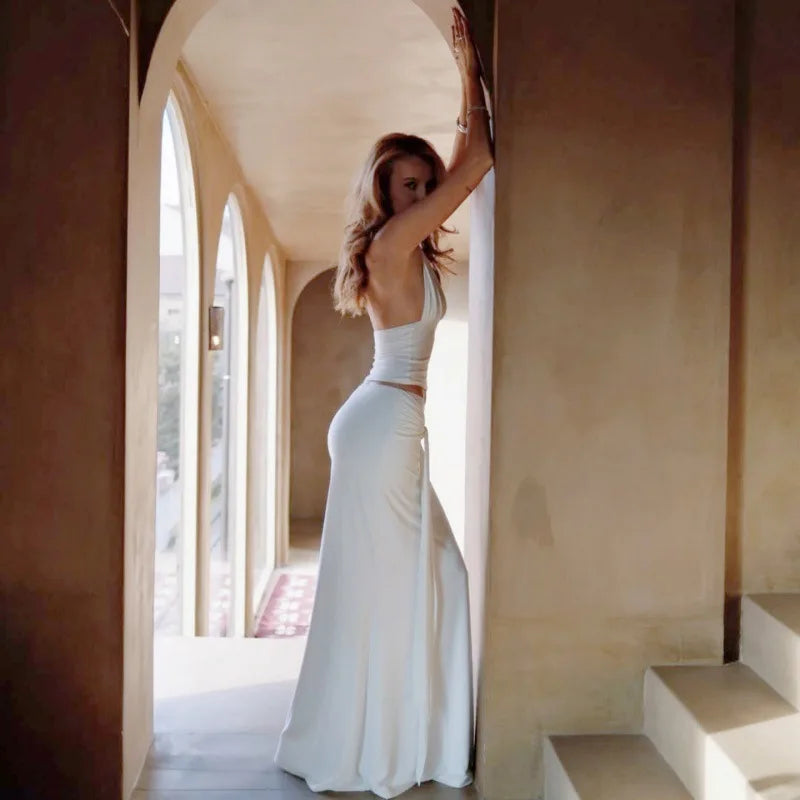 Two Piece Set Deep V-neck Halter Top and Ruched Maxi Skirt Sexy Summer All White Party Outfits for Woman